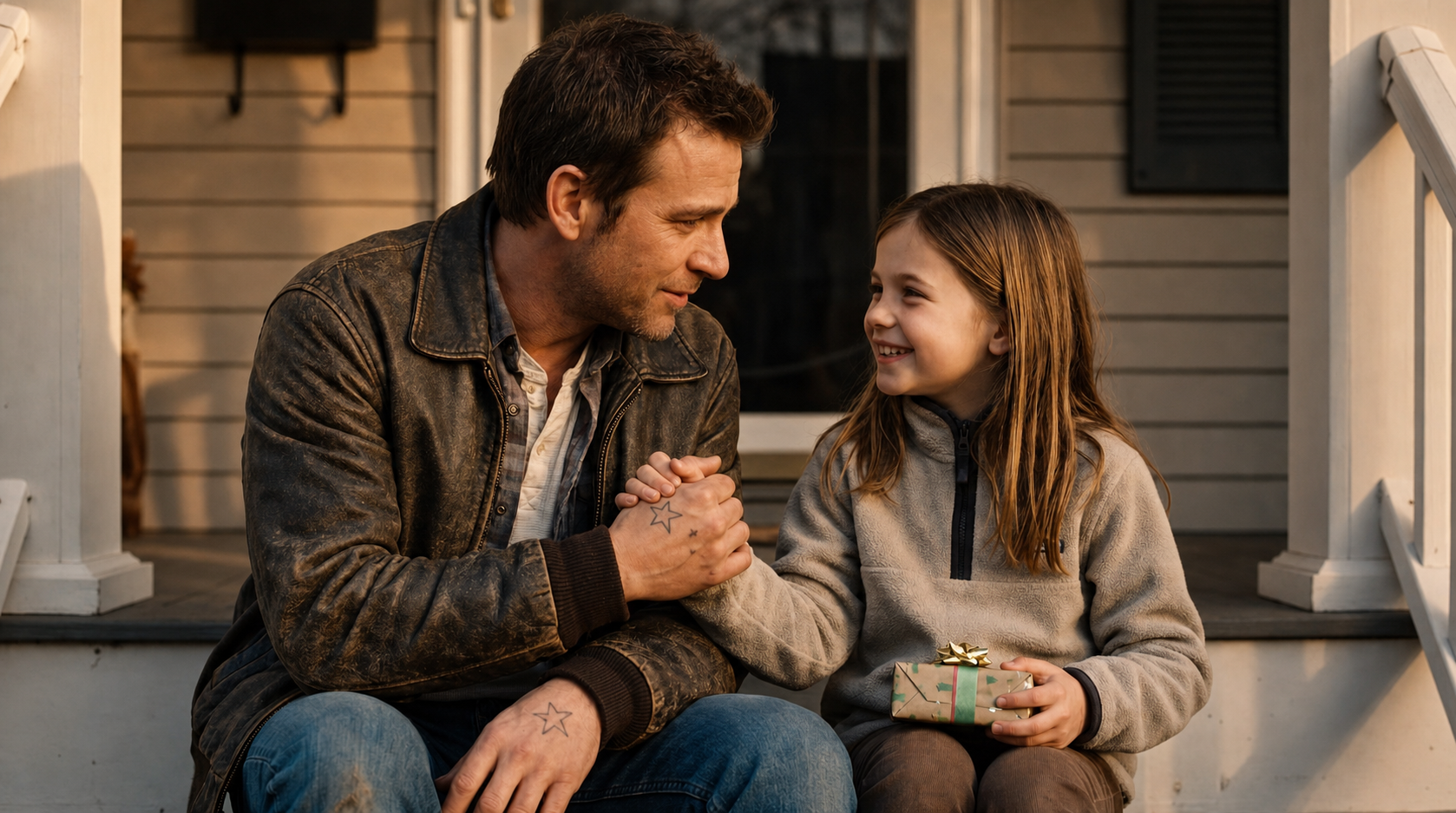 Father and daughter sharing a quiet promise on a porch.